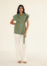 A Model Wearing Green Linen Green Linen Cap Sleeves Jacket, curated by Only Ethikal